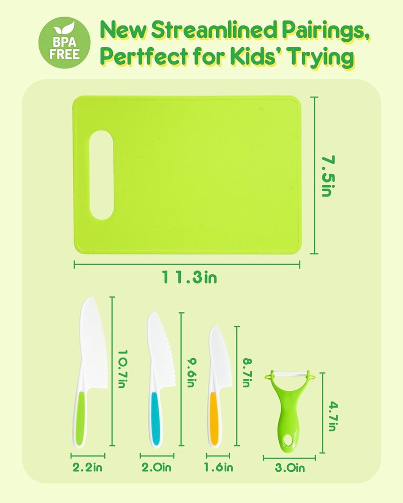 melican Kids Knife Set, 5 Pcs Montessori Kitchen Tools for Toddlers' Real Cooking, BPA Free Kids Safe Kitchen Cooking and Baking Set with Peeler, Cutting Board for Sandwich Bread Vegetable Fruit Present Gift - Image 2