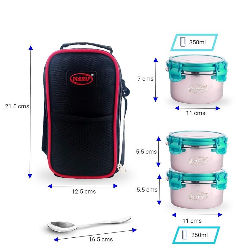 MARU Stainless Steel Lunch Box Set of 3 250ml2 350ml Leakproof Tiffin with Insulated Bag for Kids Adults Perfect for School Office Use MultiContainer Compartments for Foods Snacks - Image 2