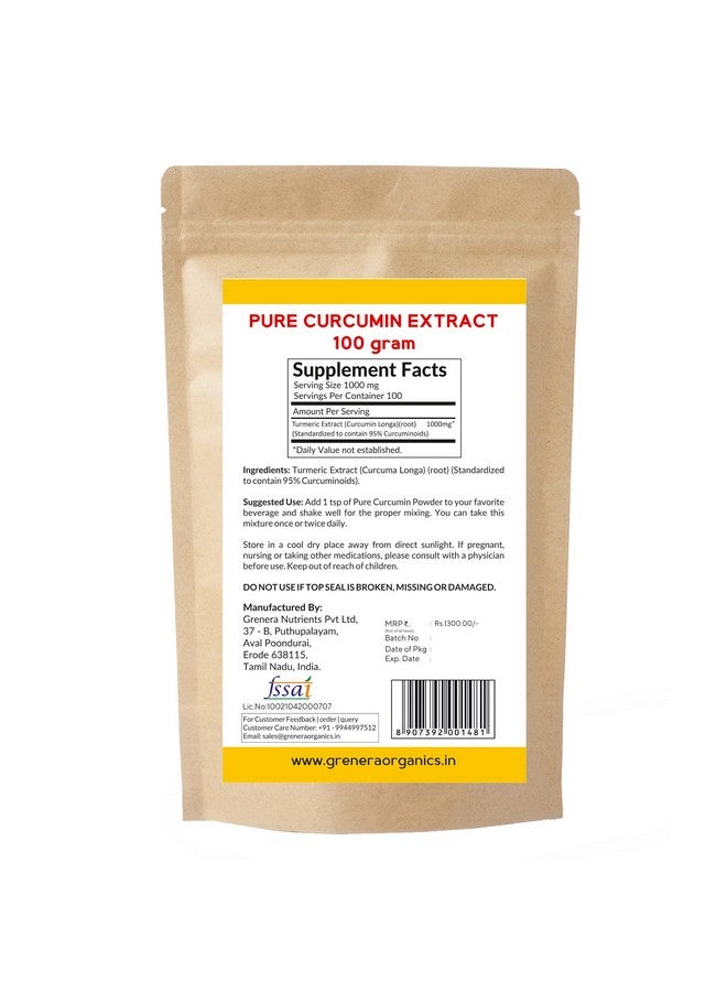 Grenera Pure Curcumin Extract Powder (Superior Turmeric Extract, 95% Curcuminoids) Immune & Joint Support, 100 grams - Image 2