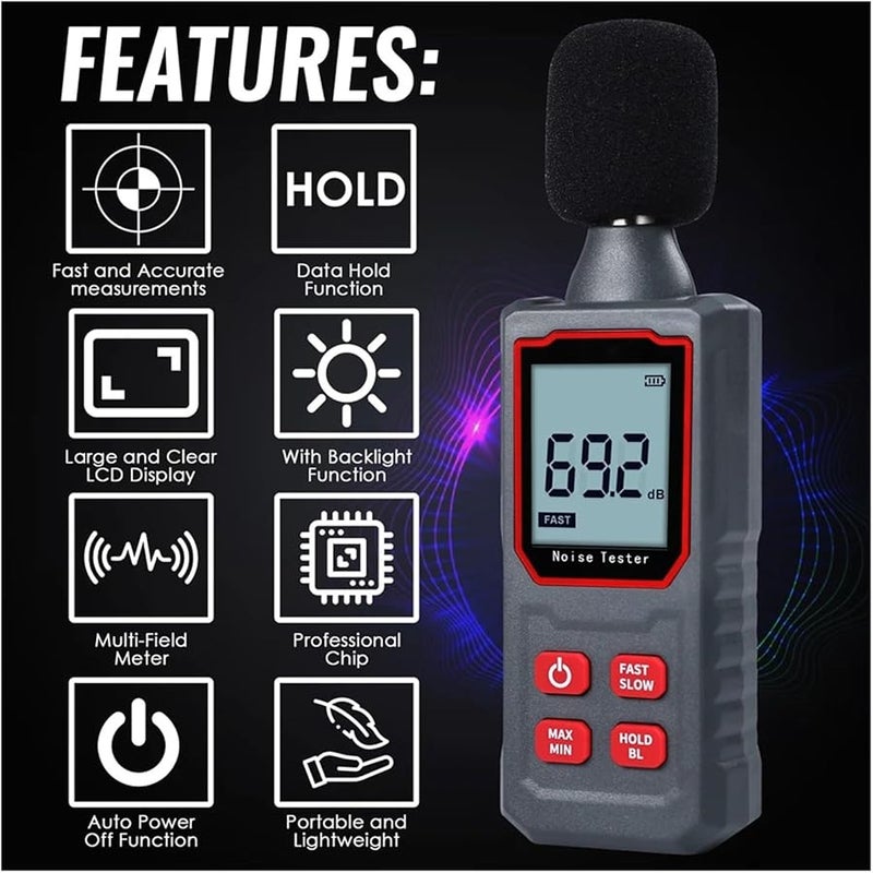 مقياس مستوى الصوت الرقمي 30-130 ديسيبل مع ميكروفون مكثف وشاشة خلفية عالية الوضوح IP54 - Image 1