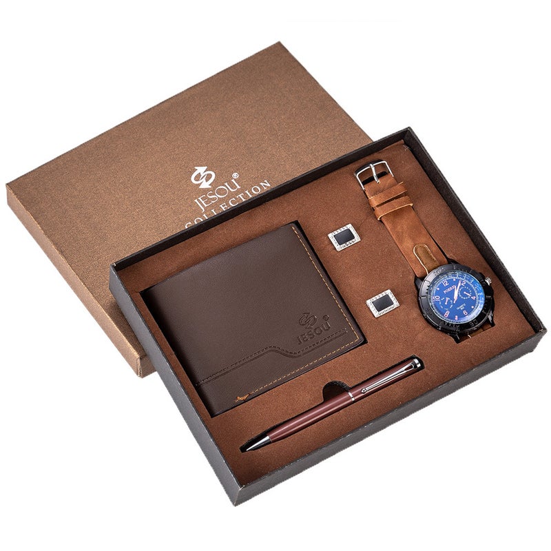 Mens Gift Set Exquisite Packaging Watch Plus Wallet Cufflinks Pen Set Foreign Trade Hot Selling Creative Combination Set Brown