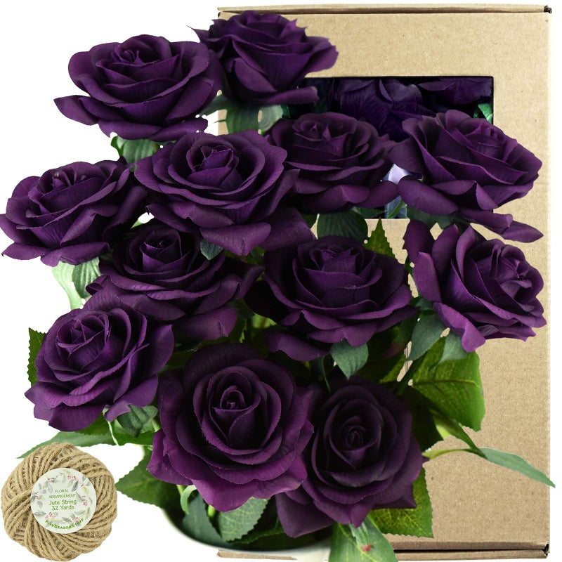 FiveSeasonStuff 12 Stems Artificial Flowers Real Touch Silk Roses for Wedding Decoration Bridal Bouquets Table Centerpieces Party Shower Packed in Box Mysterious Purple