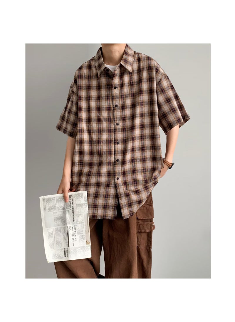 Generic - Casual Plaid Short Sleeve Shirt For Men Summer Japanese Vintage Loose Fit American Style Trendy Brand Jacket Khaki - Image 1