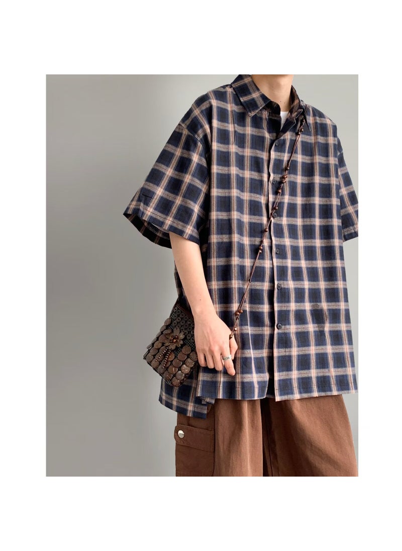Generic - Casual Plaid Short Sleeve Shirt For Men Summer Japanese Vintage Loose Fit American Style Trendy Brand Jacket Khaki - Image 1