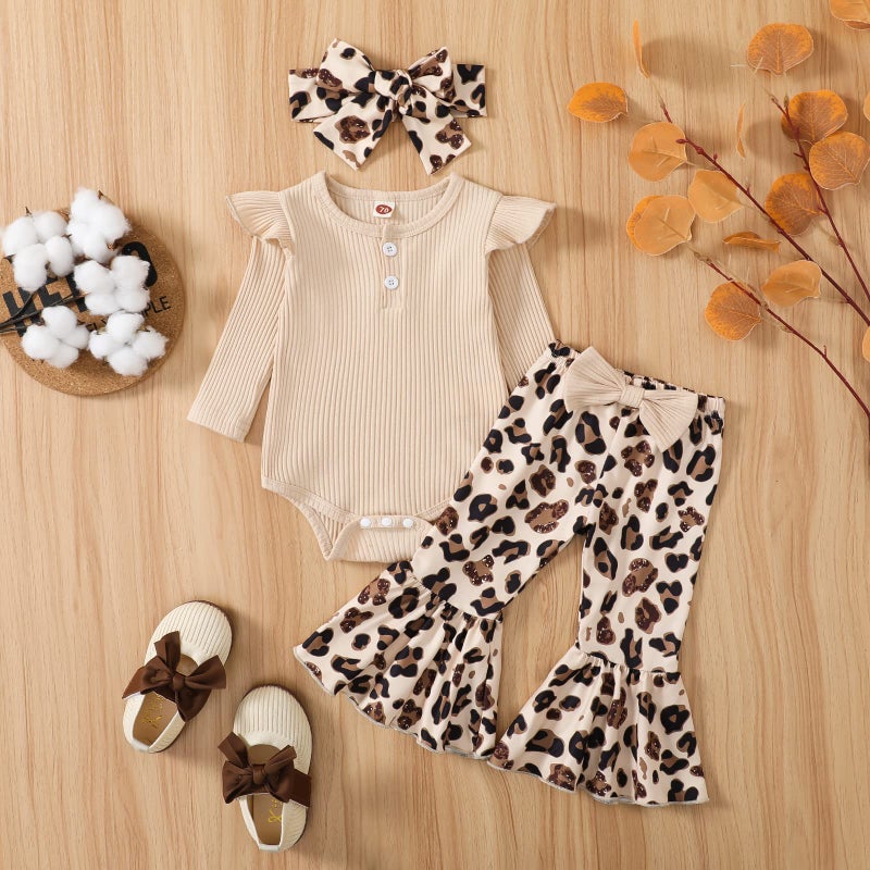 fhutpw Newborn Baby Girl Clothes Infant Rib Frill Long Sleeve Romper Flared Pants Headband Set 3pcs Fall Winter Outfits (A- Beige, 0-3 Months) - Image 2