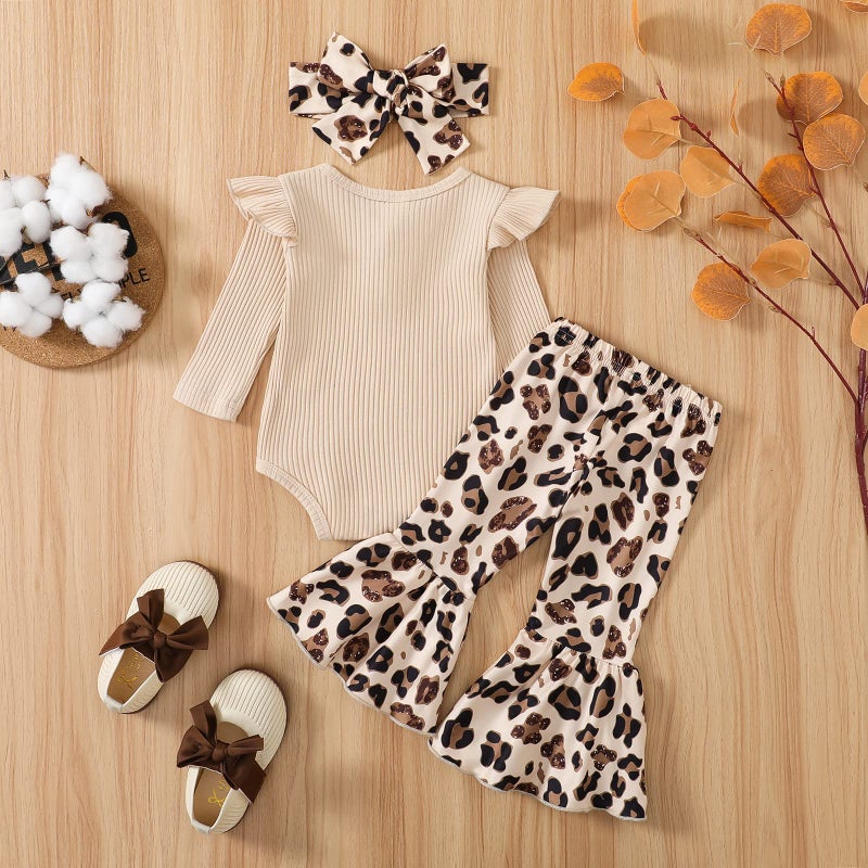 fhutpw Newborn Baby Girl Clothes Infant Rib Frill Long Sleeve Romper Flared Pants Headband Set 3pcs Fall Winter Outfits (A- Beige, 0-3 Months) - Image 3
