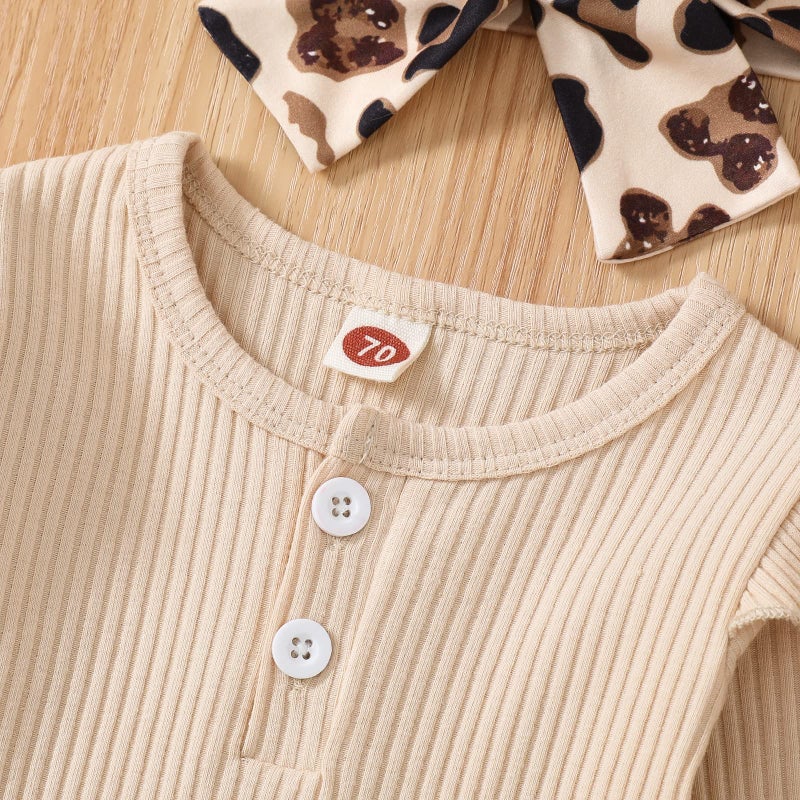 fhutpw Newborn Baby Girl Clothes Infant Rib Frill Long Sleeve Romper Flared Pants Headband Set 3pcs Fall Winter Outfits (A- Beige, 0-3 Months) - Image 4