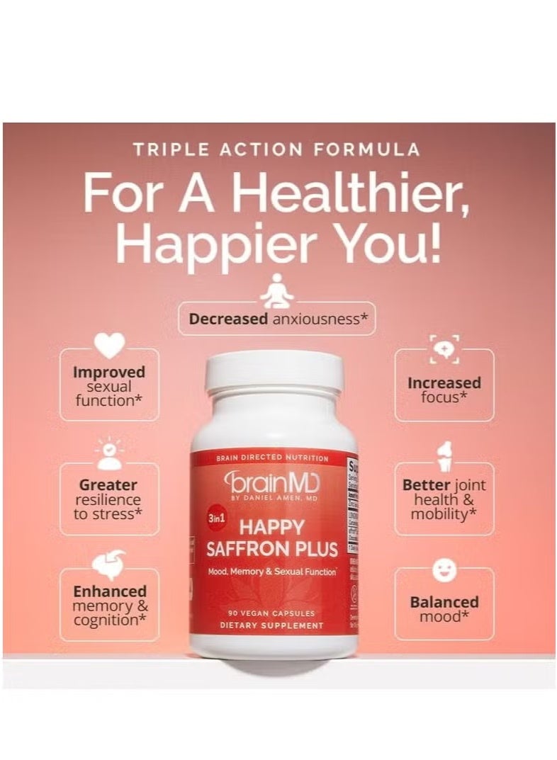 برينمد مكملات هابي سافرون بلس، مستخلص الزعفران العضوي المُحسَّن، الكركمين والزنك، حبوب نباتية خالية من الغلوتين وغير معدلة وراثيًا قد تدعم المزاج والتركيز والرؤية وصحة العين للنساء والرجال، 90 كبسولة - Image 4