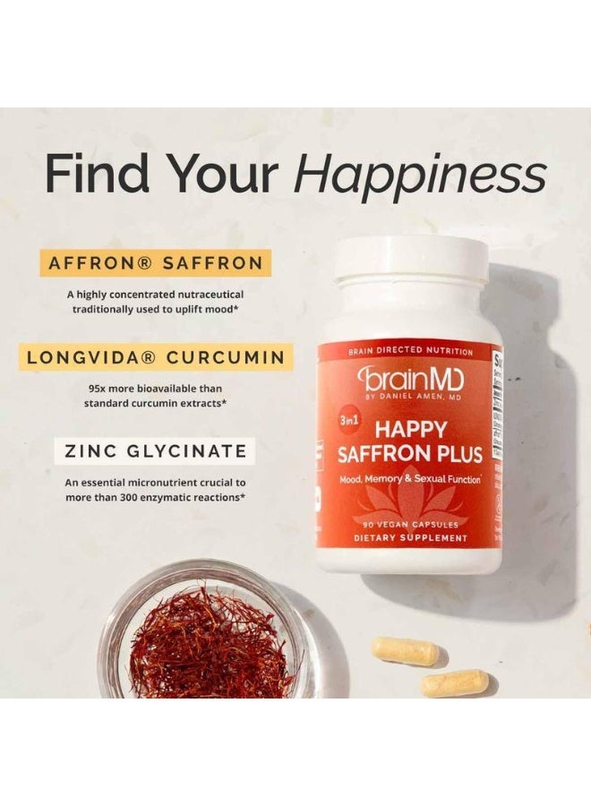 برينمد مكملات هابي سافرون بلس، مستخلص الزعفران العضوي المُحسَّن، الكركمين والزنك، حبوب نباتية خالية من الغلوتين وغير معدلة وراثيًا قد تدعم المزاج والتركيز والرؤية وصحة العين للنساء والرجال، 90 كبسولة - Image 2