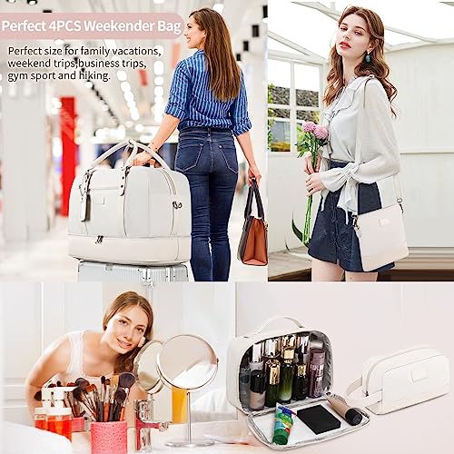 Wogarl 4PCS Weekender Bags for Women Large Overnight Bag Weekend Travel Duffel Bag Carry on Shoulder with Shoe Compartment Canvas Toiletry Bag for Travel Business Gym (Ivory) - Image 2