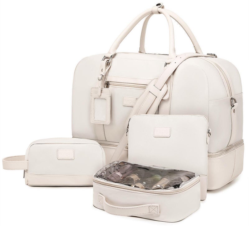 Wogarl 4PCS Weekender Bags for Women Large Overnight Bag Weekend Travel Duffel Bag Carry on Shoulder with Shoe Compartment Canvas Toiletry Bag for Travel Business Gym (Ivory) - Image 1