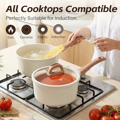 USELUCK Ceramic Nonstick Saucepan with Lid, 2.0 QT Small Non Stick Stock Pot with Stay-cool Handle, Induction Compatible Cooking Pot White Granite Coating Easy to Clean Non-toxic Kitchen Cookware - Image 3