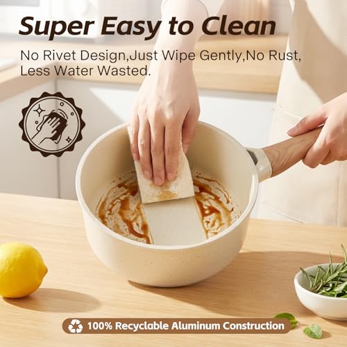 USELUCK Ceramic Nonstick Saucepan with Lid, 2.0 QT Small Non Stick Stock Pot with Stay-cool Handle, Induction Compatible Cooking Pot White Granite Coating Easy to Clean Non-toxic Kitchen Cookware - Image 4