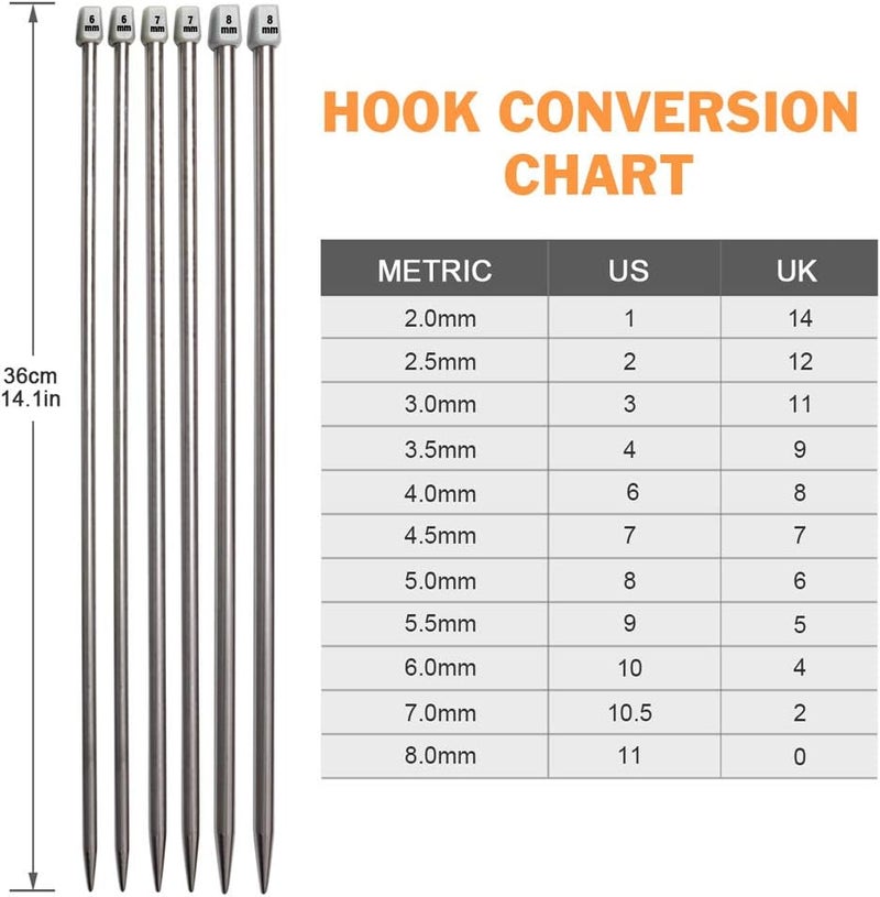 BCMRUN Knitting Needle Set, 22PCS 2mm(B)-8mm(L) Straight Single Pointed Stainless Steel Sweater Needles Set(11Pair-11 Size,9.8 inch) with Locking Stitch Makers Large-Eye Needles Measure Tape (36CM) - Image 4