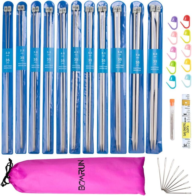 BCMRUN Knitting Needle Set, 22PCS 2mm(B)-8mm(L) Straight Single Pointed Stainless Steel Sweater Needles Set(11Pair-11 Size,9.8 inch) with Locking Stitch Makers Large-Eye Needles Measure Tape (36CM) - Image 2