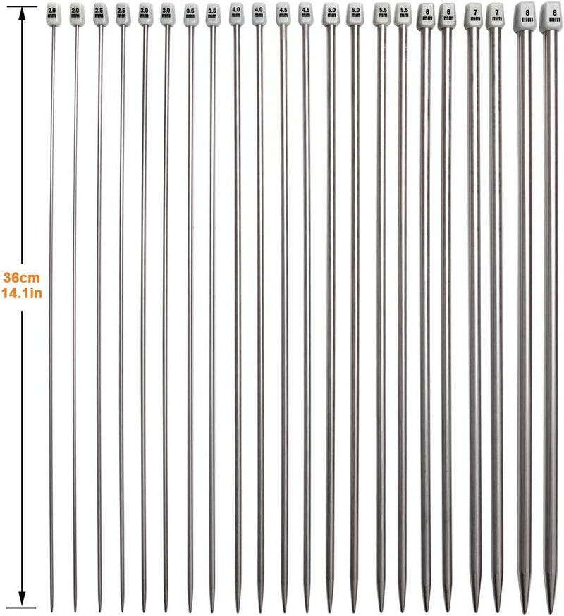 BCMRUN Knitting Needle Set, 22PCS 2mm(B)-8mm(L) Straight Single Pointed Stainless Steel Sweater Needles Set(11Pair-11 Size,9.8 inch) with Locking Stitch Makers Large-Eye Needles Measure Tape (36CM) - Image 3