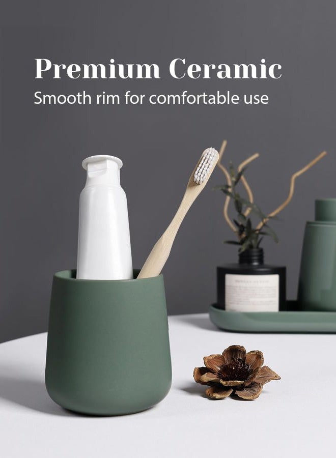 INGOFIN 3 Pcs Ceramic Bathroom Accessory Set - Foam Soap Dispenser, Toothbrush Holder & Tray, Bathroom Counter Set, Countertop Essentials for Home, Guest Bathroom, or Office Use, Matte Green - Image 5