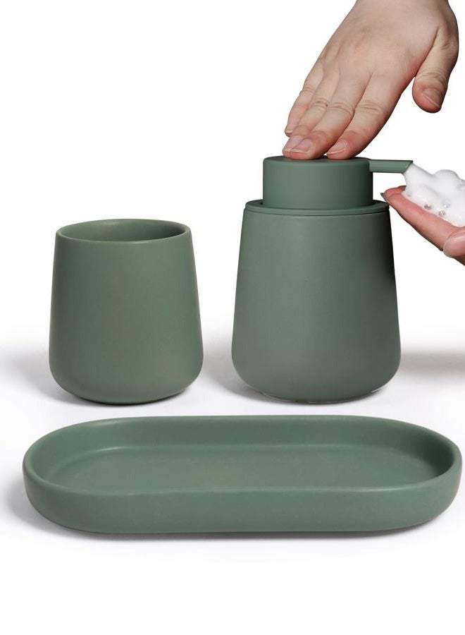 INGOFIN 3 Pcs Ceramic Bathroom Accessory Set - Foam Soap Dispenser, Toothbrush Holder & Tray, Bathroom Counter Set, Countertop Essentials for Home, Guest Bathroom, or Office Use, Matte Green - Image 1