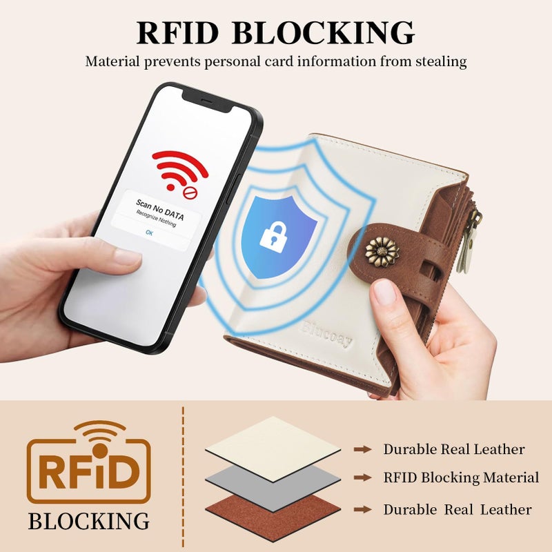 Blucoay Wallet Women,RFID Blocking Leather Womens Wallet Bifold Compact Card Holder Small Wallet for Women with Removable ID Window(Whitebrown) - Image 5