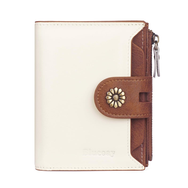 Blucoay Wallet Women,RFID Blocking Leather Womens Wallet Bifold Compact Card Holder Small Wallet for Women with Removable ID Window(Whitebrown) - Image 1