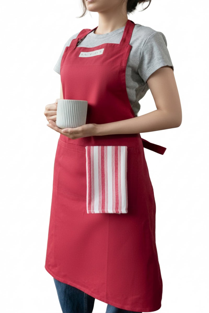 RUSTIQUE LINENS Kitchen Apron – 100% Cotton, Adjustable Neck strap, Large Pocket – Unisex Apron for Men & Women – Cooking, Baking, BBQ, Gardening – Cherry - Image 1