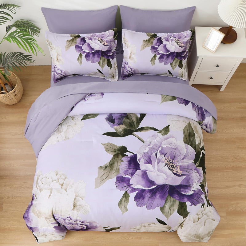 Dobuyly Purple King Size Comforter Set 7 Piece Bed in a Bag, Floral Printed on Light Purple Comforter Set with Sheets, Soft Microfiber Complete Bedding Set - Image 3