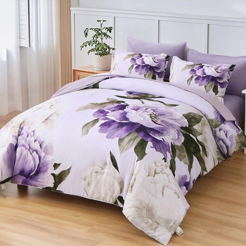 Dobuyly Purple King Size Comforter Set 7 Piece Bed in a Bag, Floral Printed on Light Purple Comforter Set with Sheets, Soft Microfiber Complete Bedding Set - Image 2