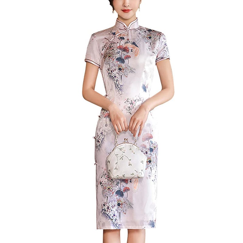 StarDY Vintage Floral Print Midi Cheongsam Qipao Dress Mandarin Collar Keyhole Short Sleeve Chinese Style Party Dress (Pink, L) - Image 1