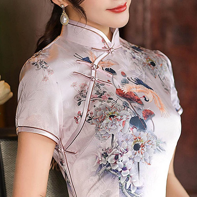 StarDY Vintage Floral Print Midi Cheongsam Qipao Dress Mandarin Collar Keyhole Short Sleeve Chinese Style Party Dress (Pink, L) - Image 2