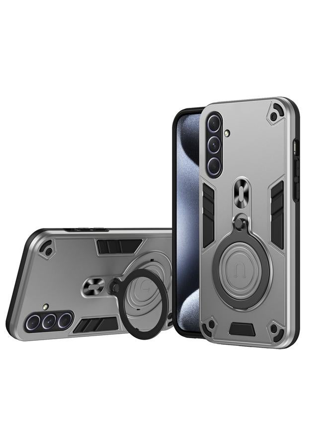 For Samsung Galaxy A55 5G Metal Ring 360 Degree Rotating Holder PC Hybrid TPU Phone Case(Silver Grey)