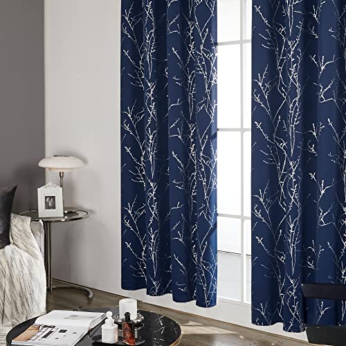 Deconovo ستائر ديكونوفو زرقاء داكنة معتمة، ستائر غرفة المعيشة، ستائر عازلة حرارياً وصوتياً، طباعة فضية على شكل فروع، 52 × 84 بوصة، ألواح علوية لغرفة النوم، المكتب، الحضانة، ديكور المنزل، مجموعة من 2 - Image 4