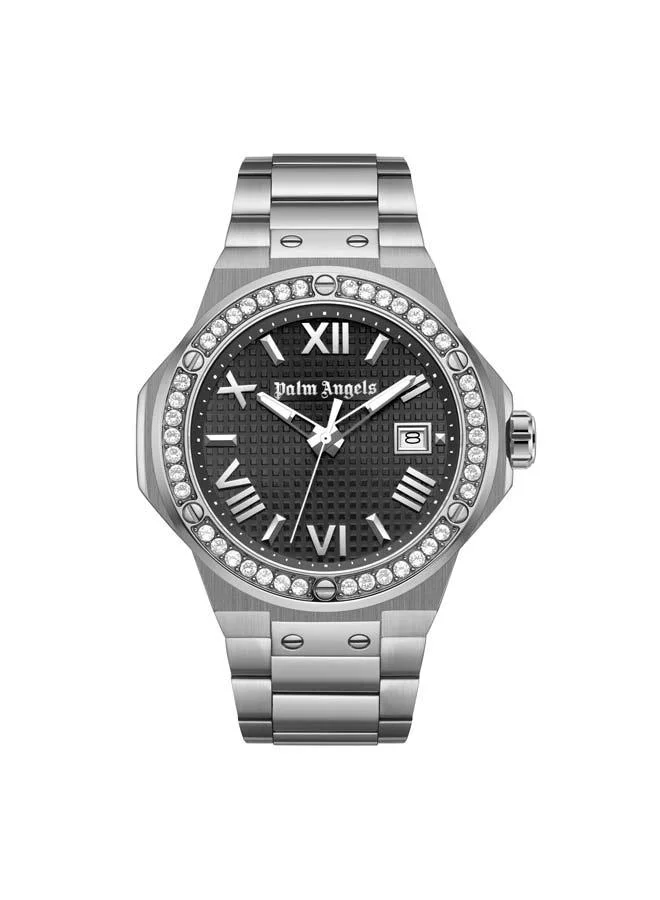 Palm Angels Stratos Black Dial Silver Stainless Steel Bracelet Analog Watch for Men, 44mm