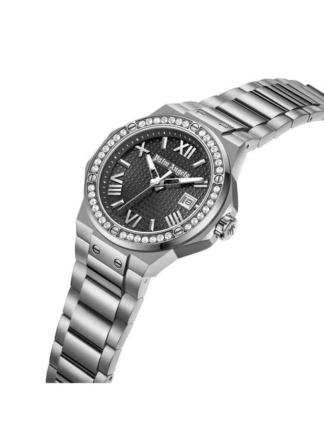 Palm Angels Stratos Black Dial Silver Stainless Steel Bracelet Analog Watch for Men, 44mm
