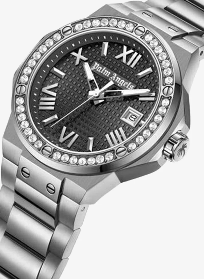 Palm Angels Stratos Black Dial Silver Stainless Steel Bracelet Analog Watch for Men, 44mm