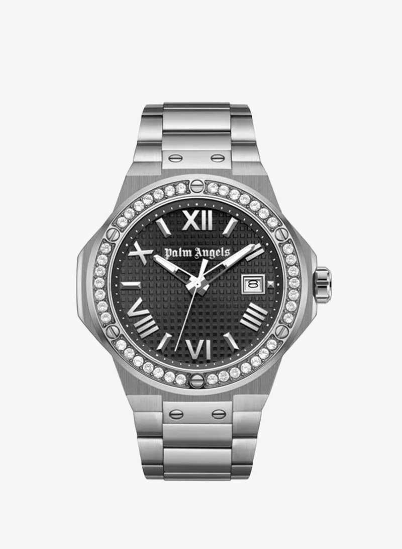 Palm Angels Stratos Black Dial Silver Stainless Steel Bracelet Analog Watch for Men, 44mm
