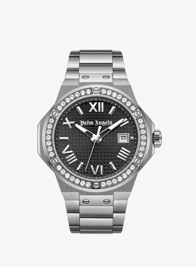 Palm Angels Stratos Black Dial Silver Stainless Steel Bracelet Analog Watch for Men, 44mm - Image 1