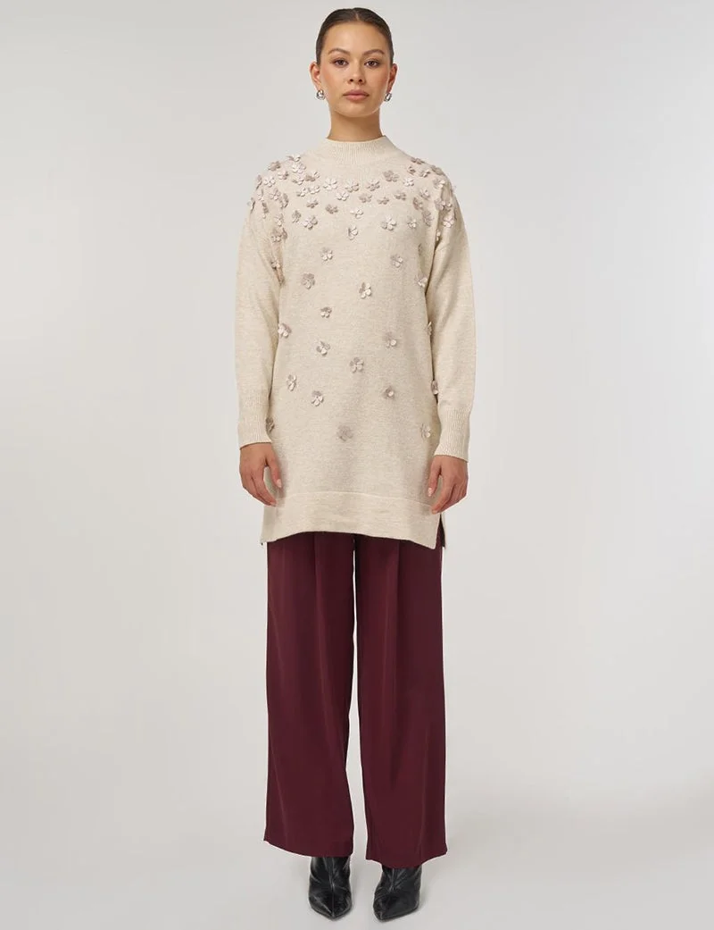Kayra Floral Appliqué Knit Tunic – Cream