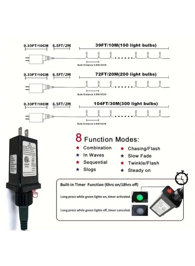 39Ft 100LEDs Plug In High Brightness String Lights 8 Modes Memory Timing For Christmas Tree Holiday Party - Image 5