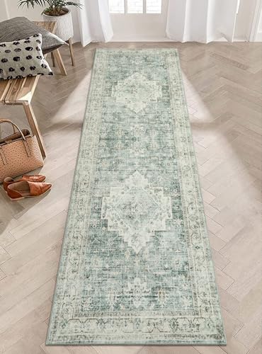 LIVEBOX Washable 2.5x8 Runner Rugs for Entryway Bathroom, Boho Kitchen Floor Mats Long Rug Runners for Hallways Non Slip, Farmhouse Low-Pile Carpet Runners for Laundry Room, Sage Green - Image 1