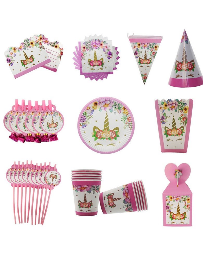 xppier 145 pcs disposable party tableware Unicorn theme, kids birthday party celebration, baby shower party suppliers with plates, spoons, folks, cups, napkins, etc. 16 items  - Image 3