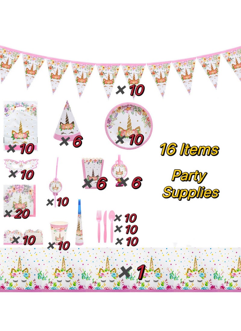 xppier 145 pcs disposable party tableware Unicorn theme, kids birthday party celebration, baby shower party suppliers with plates, spoons, folks, cups, napkins, etc. 16 items  - Image 4