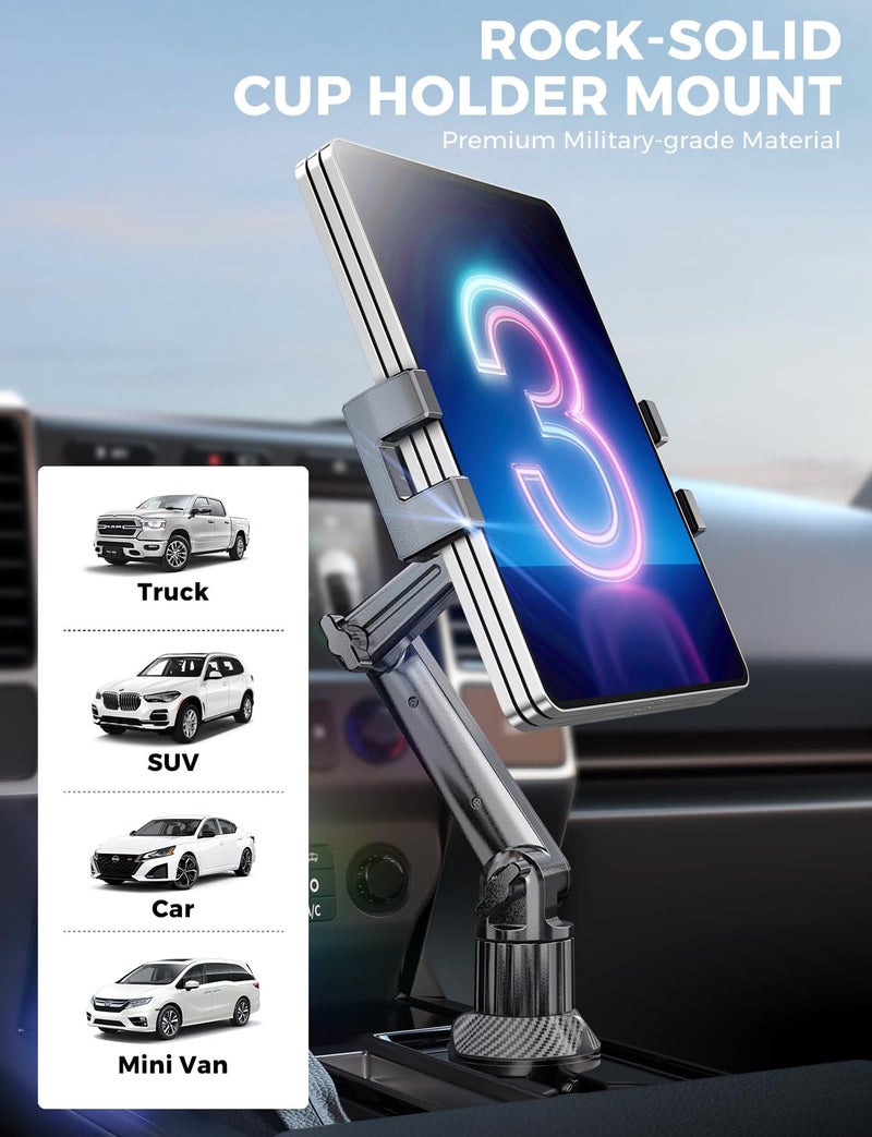 eSamcore Cup Holder Tablet Mount for Truck, Car Tablet Holder with Adjustable 15" Height 360Â° Rotation Stand, 0.9" Depth Clamp Fit for iPad Air/Pro/Mini 4.7"-12.9" Foldable Phone iPhone - Image 2