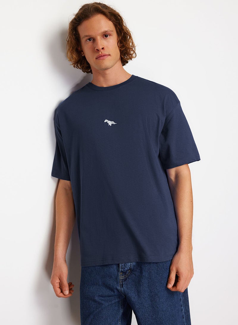 trendyol Dinosaur Embroidered Indigo Oversize Cotton T-Shirt - Short Sleeve TMNSS23TS00243 - Image 2