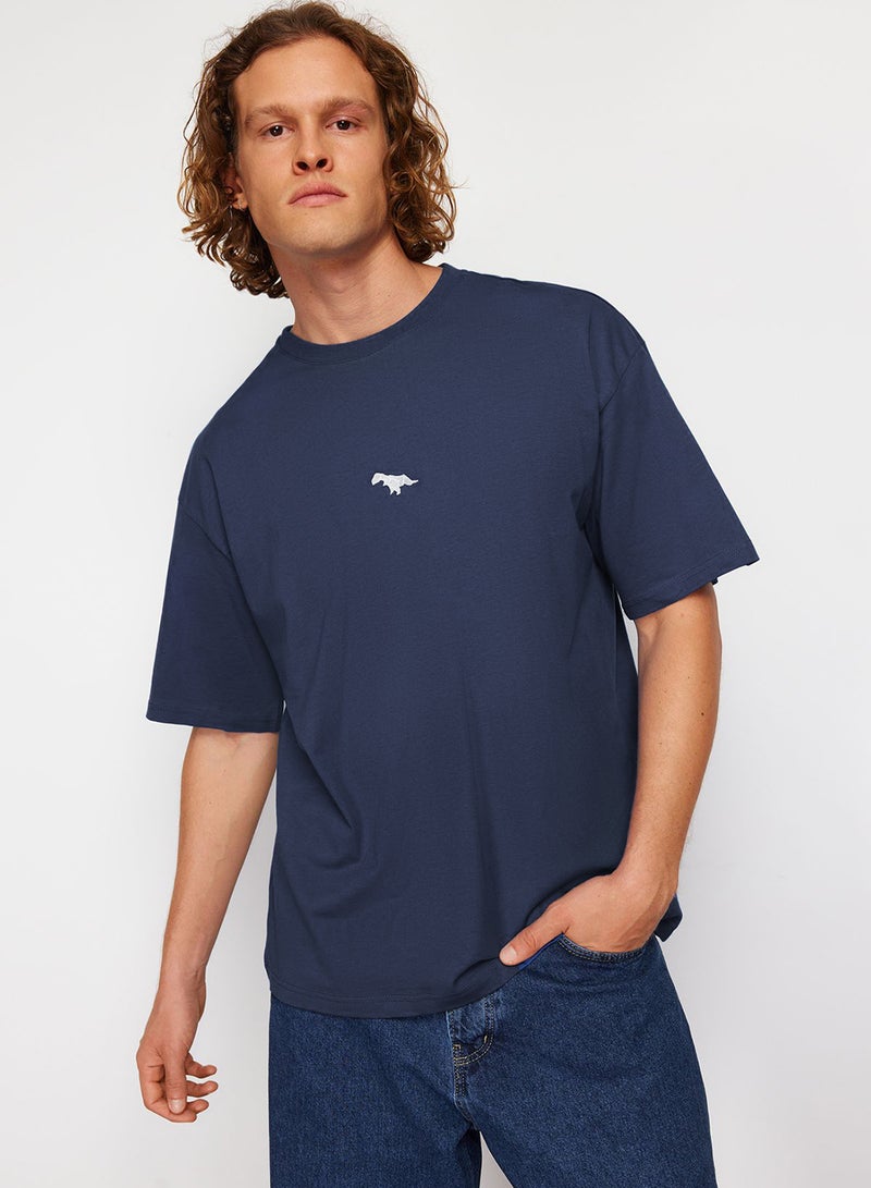 trendyol Dinosaur Embroidered Indigo Oversize Cotton T-Shirt - Short Sleeve TMNSS23TS00243 - Image 1