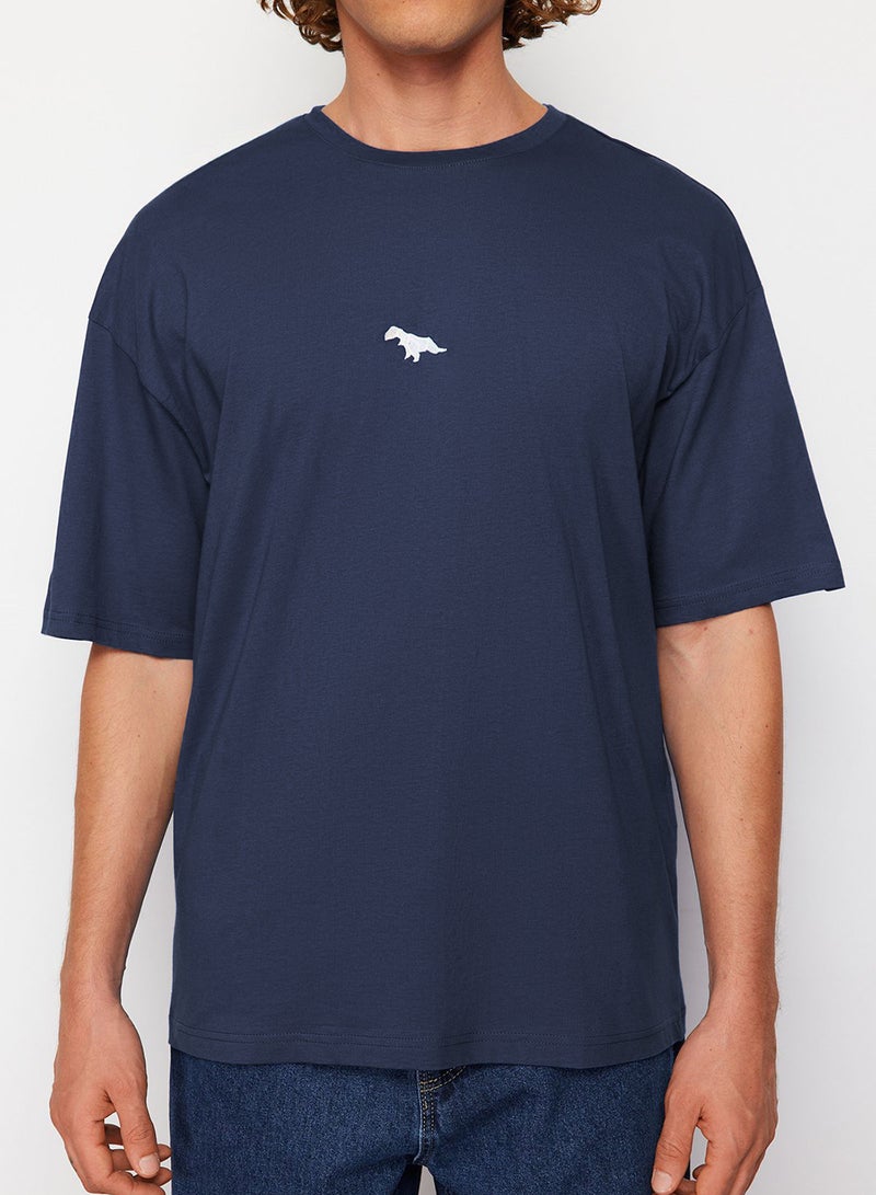 trendyol Dinosaur Embroidered Indigo Oversize Cotton T-Shirt - Short Sleeve TMNSS23TS00243 - Image 5