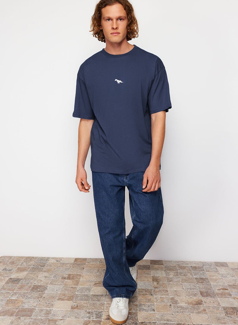 trendyol Dinosaur Embroidered Indigo Oversize Cotton T-Shirt - Short Sleeve TMNSS23TS00243 - Image 4