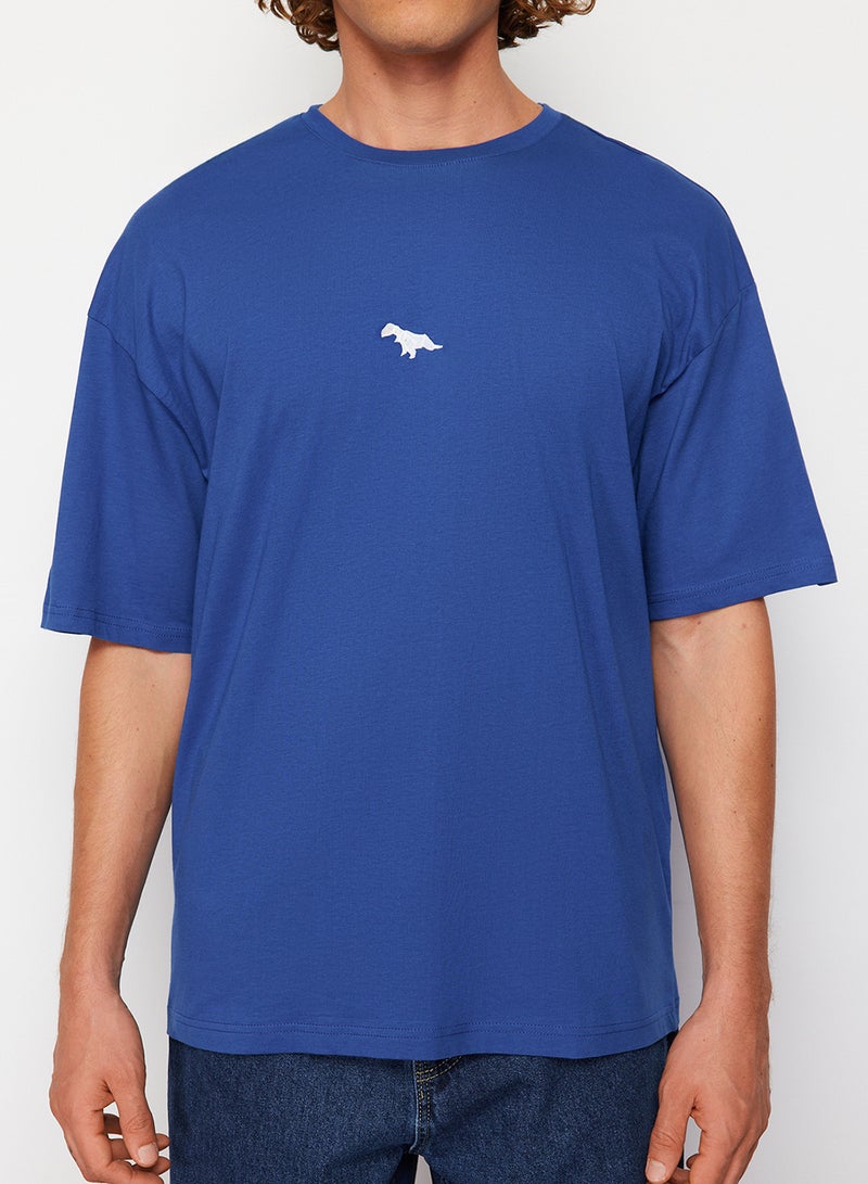 trendyol Dinosaur Embroidered Indigo Oversize Cotton T-Shirt - Short Sleeve TMNSS23TS00243 - Image 3