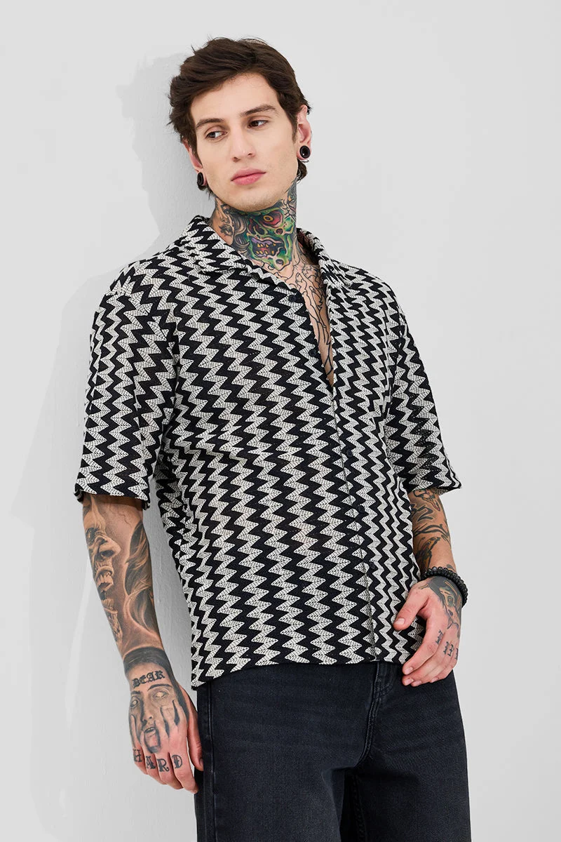 SNITCH Jet Black Striped Half Sleeve Oversized Shirt