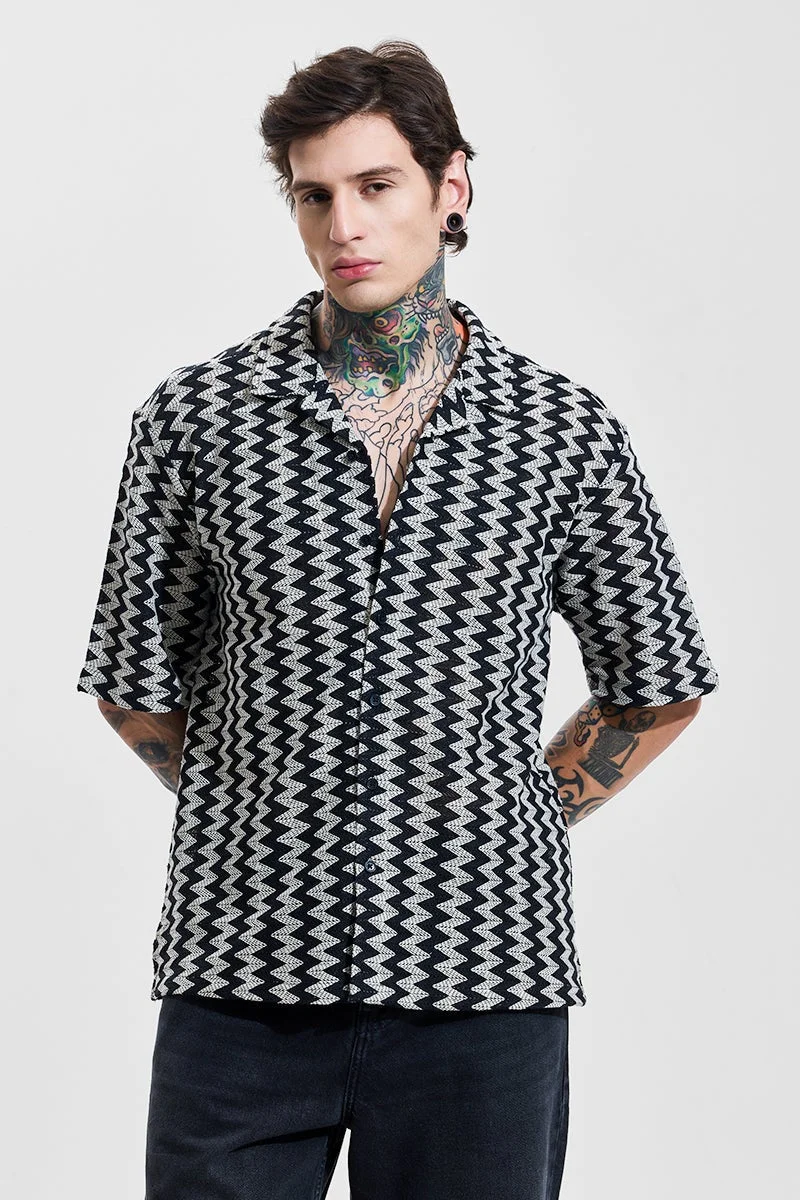 سنيتش Jet Black Striped Half Sleeve Oversized Shirt