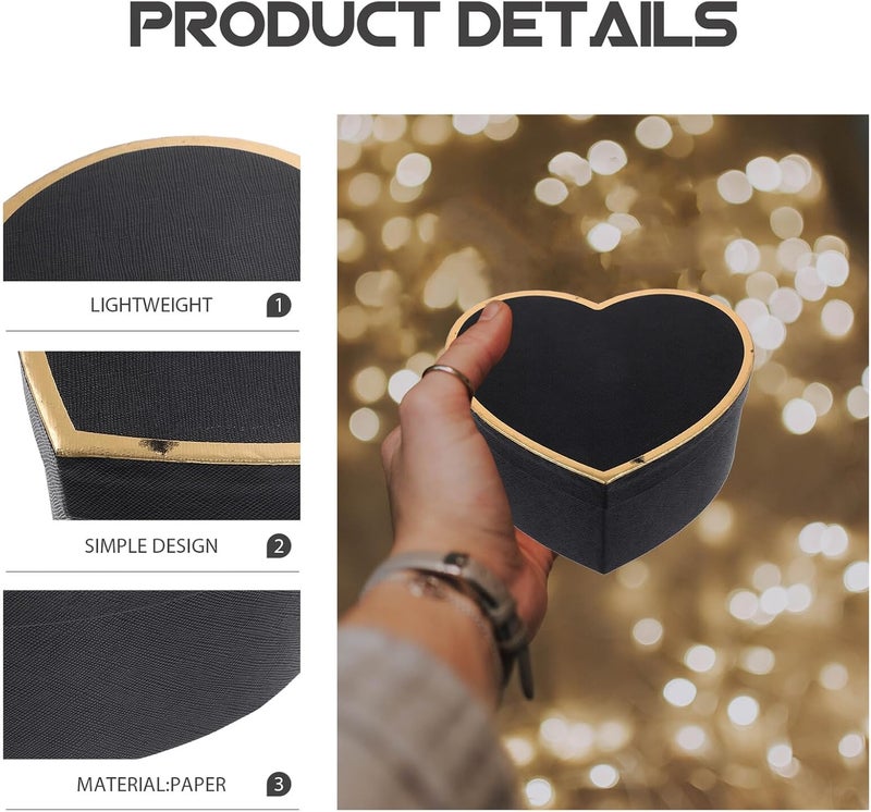 MOBUTOFU Heart Shaped Box Set 3pcs Valentine Wrapping Boxes Black Paper Packaging Case with Ribbon for Flowers, Treats, and Small - Image 3